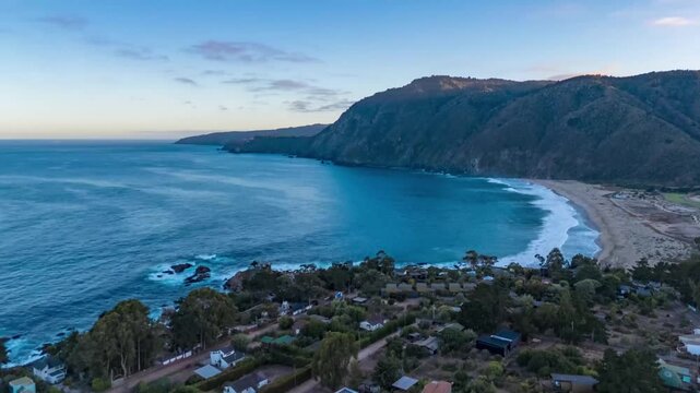 Quintay Casablanca Chile Valparaiso beach sea foam, morning drone beach time lapse