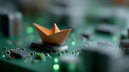 Origami boat sailing on a wave of circuit boards