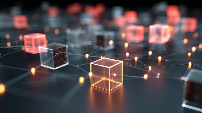 3D blockchain cubes linked in a glowing decentralized global network, binary code streaming across cyberspace to illustrate secure data protection - Powered by Adobe
