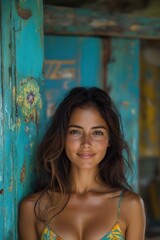 Naklejka premium A woman with long brown hair is smiling and standing in front of a blue wall