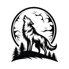 Silhouette of Howling Wolf against Full Moon with Pine Trees in Black and White