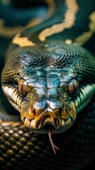 An intense close-up of a python with its mouth slightly ajar, showcasing its sharp teeth and massive, muscular coils