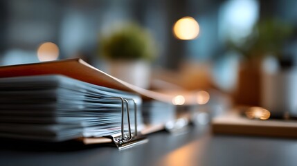 Open file folder with business documents and copy space