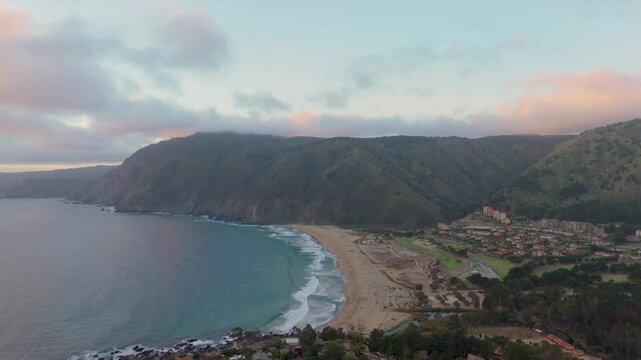 Quintay Chile Casablanca Valparaiso beach sea foam, morning drone from above