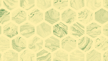 Seamless pattern of green marble-textured hexagon tiles on a soft yellow background