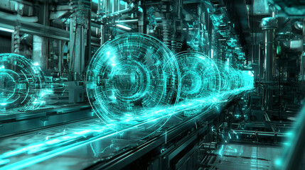 A futuristic industrial scene featuring glowing, circular elements on a conveyor belt, highlighting advanced technology and digital innovation.