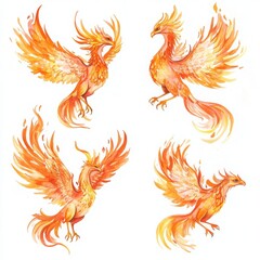 Fototapeta premium Four Colorful Bird Creatures in Flight Against a Plain Background