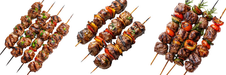 A set of sizzling grilled kebabs on skewers, perfect for BBQ photography, isolated on a transparent background