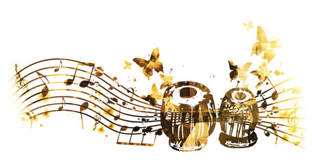 Indian Tabla with Music Notes and Butterflies Vector Illustration for Music Festival or Concert Poster