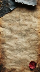Fototapeta premium Distressed Antique Parchment Paper with Wax Seal and Torn Edge, Ready for Lettering or Inscription, Evoking Mystery