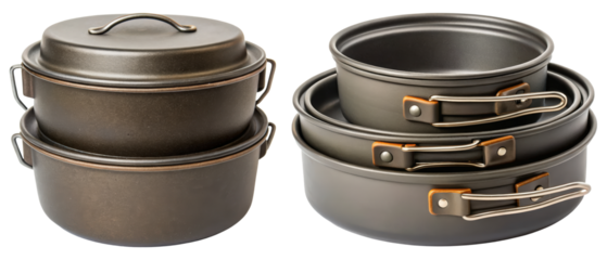 Camping cookware set with nonstick pots and folding handles isolated with transparent background