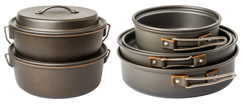 Camping cookware set with nonstick pots and folding handles isolated with transparent background