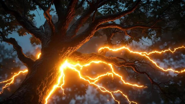 Tree branches transforming into electric veins of energy 
