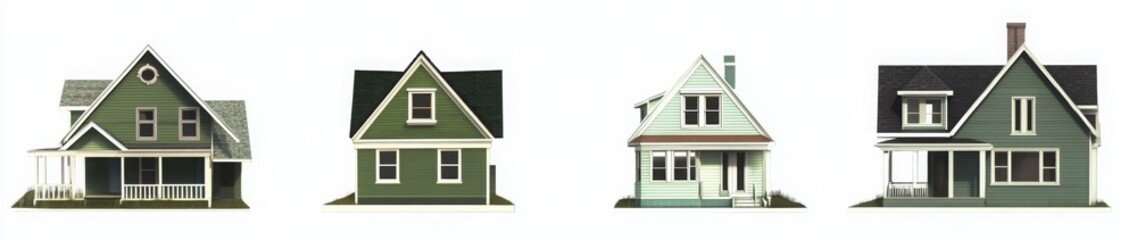 Four Vintage Green Houses Row Exterior View