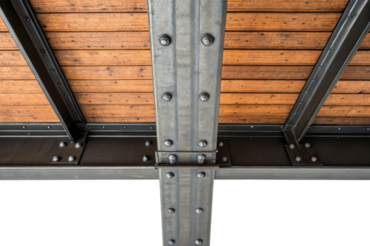 Industrial ceiling structure with wooden panels and metal beams isolated with transparent background