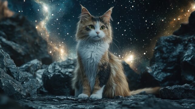 Calico cat sits on rocks, cosmic background, fantasy art - Powered by Adobe