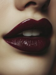 Fototapeta premium An ultra-close-up shot of a woman's lips, gently biting the lower lip, accentuating their softness and natural curves