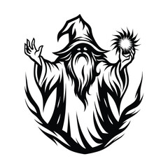 Silhouette of Wizard Holding Sun Orb with Beard and Hat, Black and White Mystical Art