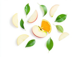Fruit Slices with Greens on White Background