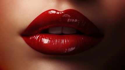 Obraz premium An ultra-close-up shot of perfectly shaped, plump, and soft lips, painted with a rich, glossy red lipstick