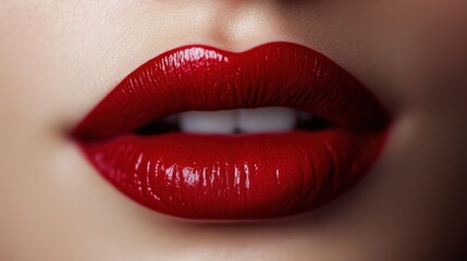 Obraz premium An ultra-close-up shot of perfectly shaped, plump, and soft lips, painted with a rich, glossy red lipstick