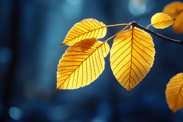 Obraz premium Golden Autumn Leaves on Blue Background for Nature Posters and Decor