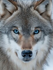 Obraz premium An ultra-detailed close-up macro shot of a grey wolf's face, capturing the sharp intensity of its ice-blue eyes
