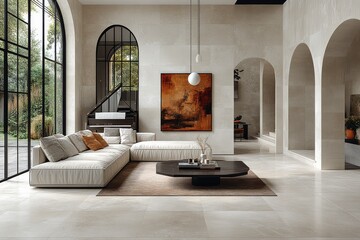 
Modern living room with large-format light beige tiles, black gothic arches, piano, sofa, coffee table, contemporary art, and pendant lamp.