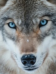 An ultra-detailed close-up macro shot of a grey wolf's face, capturing the sharp intensity of its ice-blue eyes