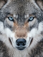 Fototapeta premium An ultra-detailed close-up macro shot of a grey wolf's face, capturing the sharp intensity of its ice-blue eyes