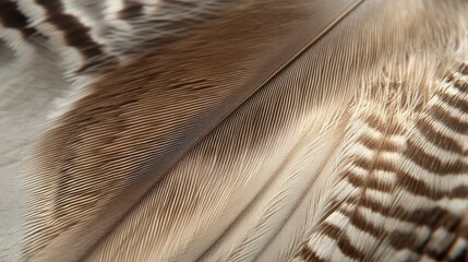 An ultra-detailed close-up of a hawks feather, showcasing the subtle mix of brown, grey, and white hues