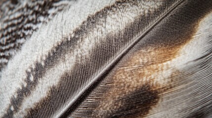 An ultra-detailed close-up of a hawks feather, showcasing the subtle mix of brown, grey, and white hues