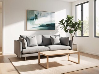 Living room with gray sofa, fiddle-leaf fig tree, and abstract art