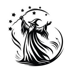 Wizard Silhouette Casting Spell, Magic Wand, Stars, Fantasy Costume, Black and White