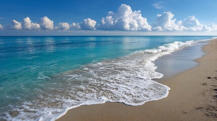Tranquil beach scene with turquoise water and fluffy clouds