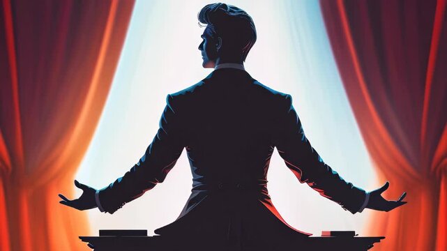 video ofA dramatic silhouette of a male illusionist seen from behind, standing confidently under a spotlight, arms slightly raised as if conjuring mystery, with shadows enhancing the magical ambiance
