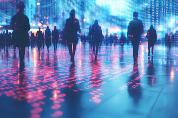 Digital Urban Commute: Futuristic Cityscape of People and Technology Integration