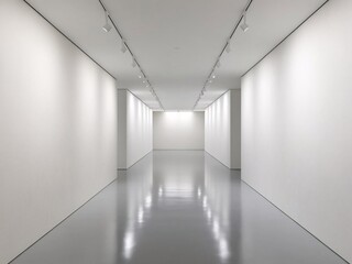 Obraz premium Modern Art Gallery Interior with White Walls and Reflective Gray Floor