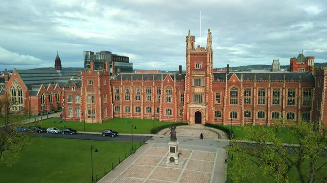 Front-on, forward travelling aerial video of Queen's University Belfast in Northern Ireland, UK. Produced in 4K, 60FPS and in Rec709 color.