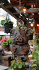Naklejka premium Hanging pig ornament in a tropical outdoor cafe