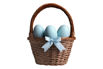 Wicker basket with pastel blue eggs and matching ribbon, isolated on white transparent background. Symbol of Easter and spring celebration