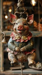 Charming pig ornament hanging, rustic shop background