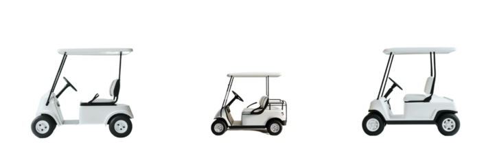 A set of sleek white golf carts with minimalistic design, perfect for leisure or sport visuals, isolated on a transparent background