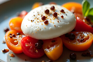 Obraz premium Fresh salad dish with burrata cheese restaurant kitchen food photography cozy atmosphere top view