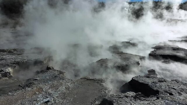 steam bubbling out of mud pools, Drone slowly flying over geothermal landscape. Trees, steam, bubbling mud and steam. Alien Landscape. Sci-fi. Global Warming