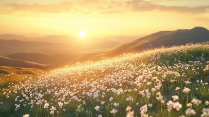 Obraz premium Golden hour illuminates a field of cotton grass in idyllic landscape