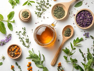 Fresh Herbal Tea Ingredients with Leaves and Dried Herbs Spread