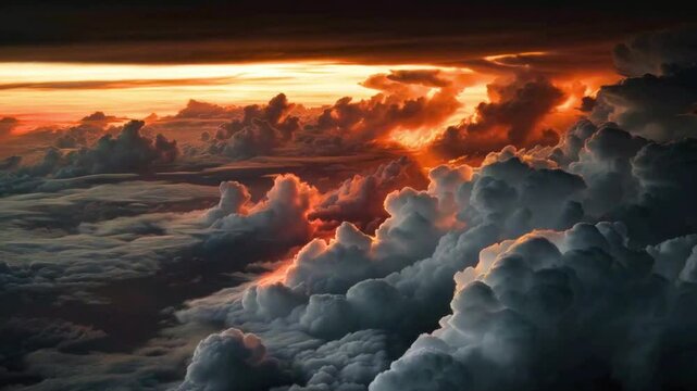 Fiery Sunset Over a Sea of Clouds Aerial View