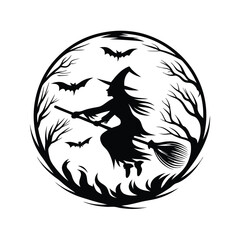 Halloween Silhouette Witch Flying on Broom, Bats, and Trees in Circle Art