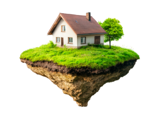 An isolated house on a floating piece of land with a green tree isolated on transparent background